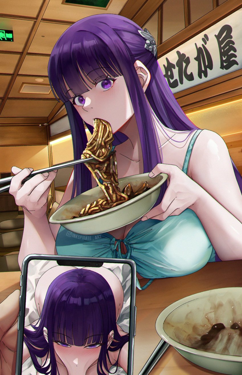 1boy :>= bowl breasts cellphone_photo commission eating female fern_(sousou_no_frieren) food highres holding holding_bowl implied_fellatio inkspirate large_breasts looking_at_viewer noodles sousou_no_frieren