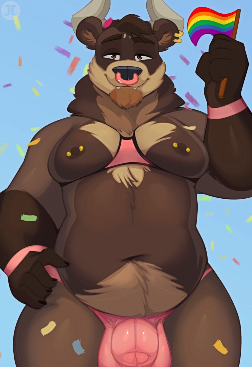 anthro areola balls_outline bear biped blue_background bovid bovine brown_body brown_fur bulge cattle detailed_bulge facial_piercing fangs flag flag_(object) front_view fur genital_outline hi_res holding_flag holding_object horn hybrid inner_ear_fluff jumpy_jackal looking_at_viewer male mammal navel newport nipple_piercing nipples nose_piercing nose_ring penis_outline piercing rainbow_flag rainbow_symbol ring_piercing simple_background solo teeth tuft