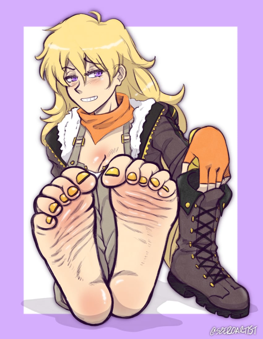 1girls barefoot blonde_hair blush boots_removed feet foot_fetish foot_focus holding_boots holding_object purple_eyes rwby scrunched_toes simple_background smile solo solo_female szeroart toenails wrinkled_feet wrinkles yang_xiao_long yellow_toenails