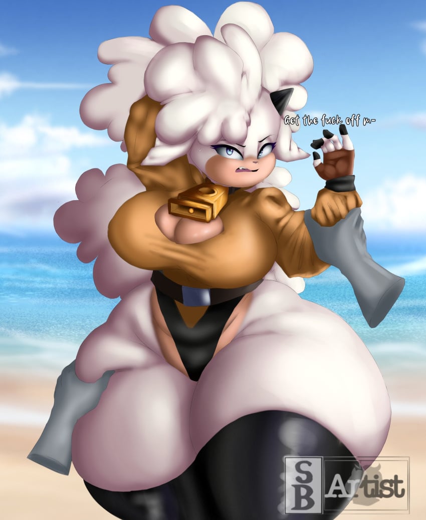 angry anon anthro beach bell_collar belt big_breasts blue_eyes cowbell curvy curvy_body curvy_thighs gloves grabbing_another's_arm grabbing_thighs hi_res horn idw_comics lanolin_the_sheep looking_at_viewer ponytail revealing_clothes sega sheep snowyblue sonic_(series) text thick_thighs thighhighs watermark white_hair