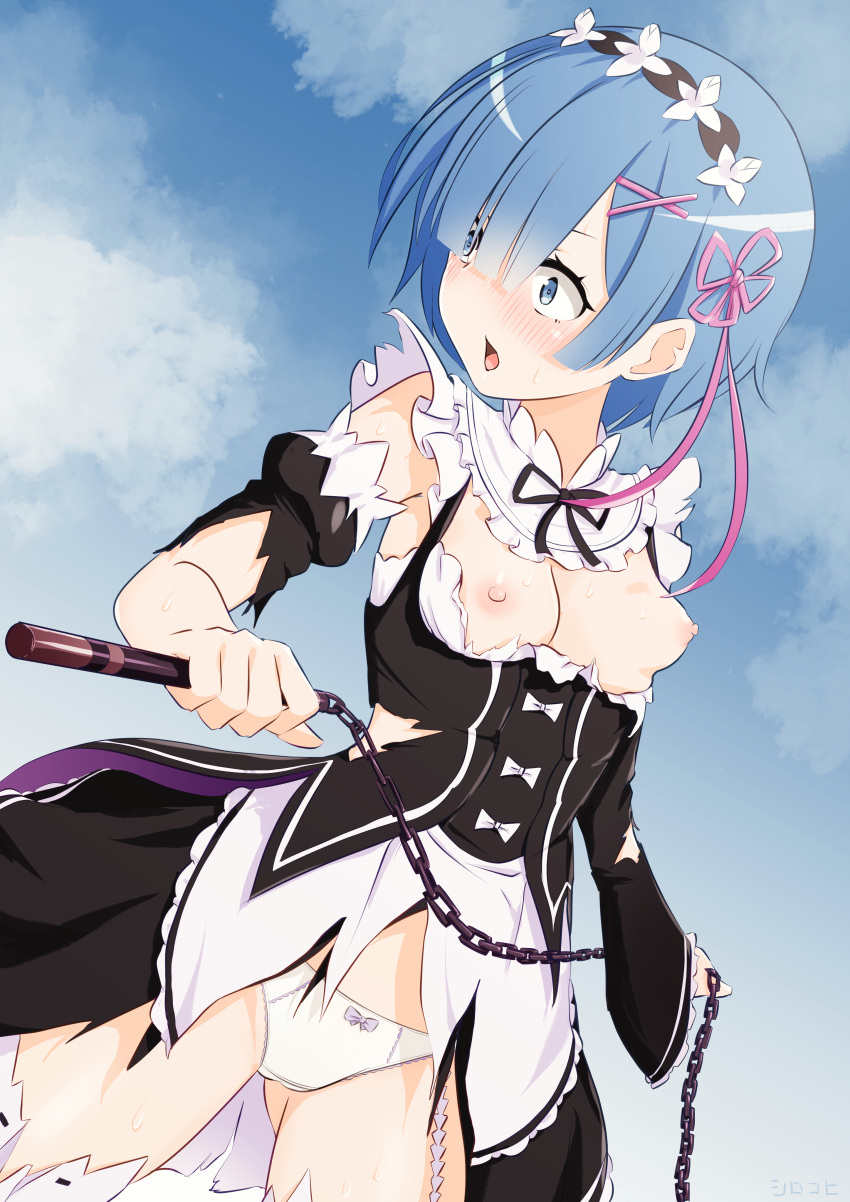 :o absurdres black_dress black_ribbon blue_eyes blue_hair blush breasts chains commission dress female flower_knot hair_ornament hair_ribbon highres holding holding_chain holding_weapon neck_ribbon nipples panties pink_ribbon pixiv_commission re:zero_kara_hajimeru_isekai_seikatsu rem_(re:zero) ribbon short_hair sirokohi small_breasts solo surprised thighhighs torn_clothes torn_dress underwear weapon white_dress white_panties white_thighhighs x_hair_ornament