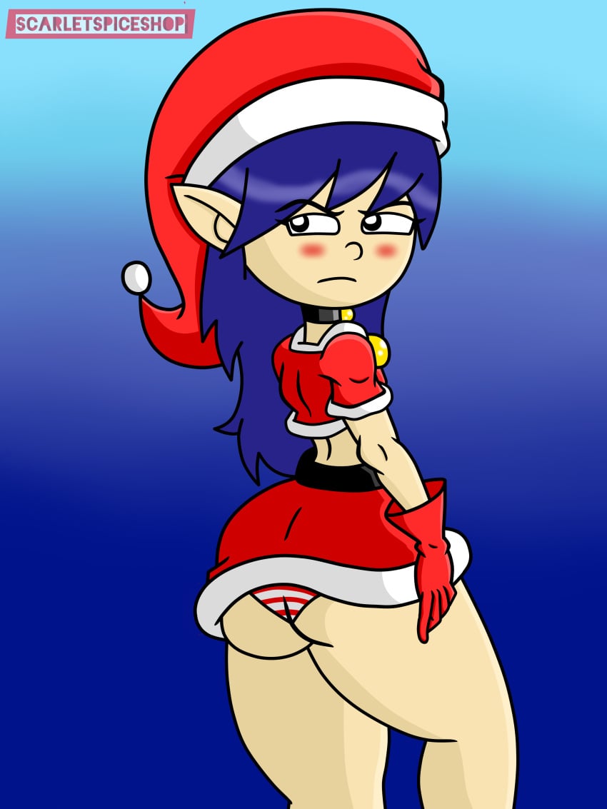 angry angry_face big_ass blue_hair blush christmas collar cute elf elf_ears elf_girl gloves holidays long_hair looking_back panties pantyshot pin_up pixi pixi_post santa_costume santa_hat scarletspiceshop