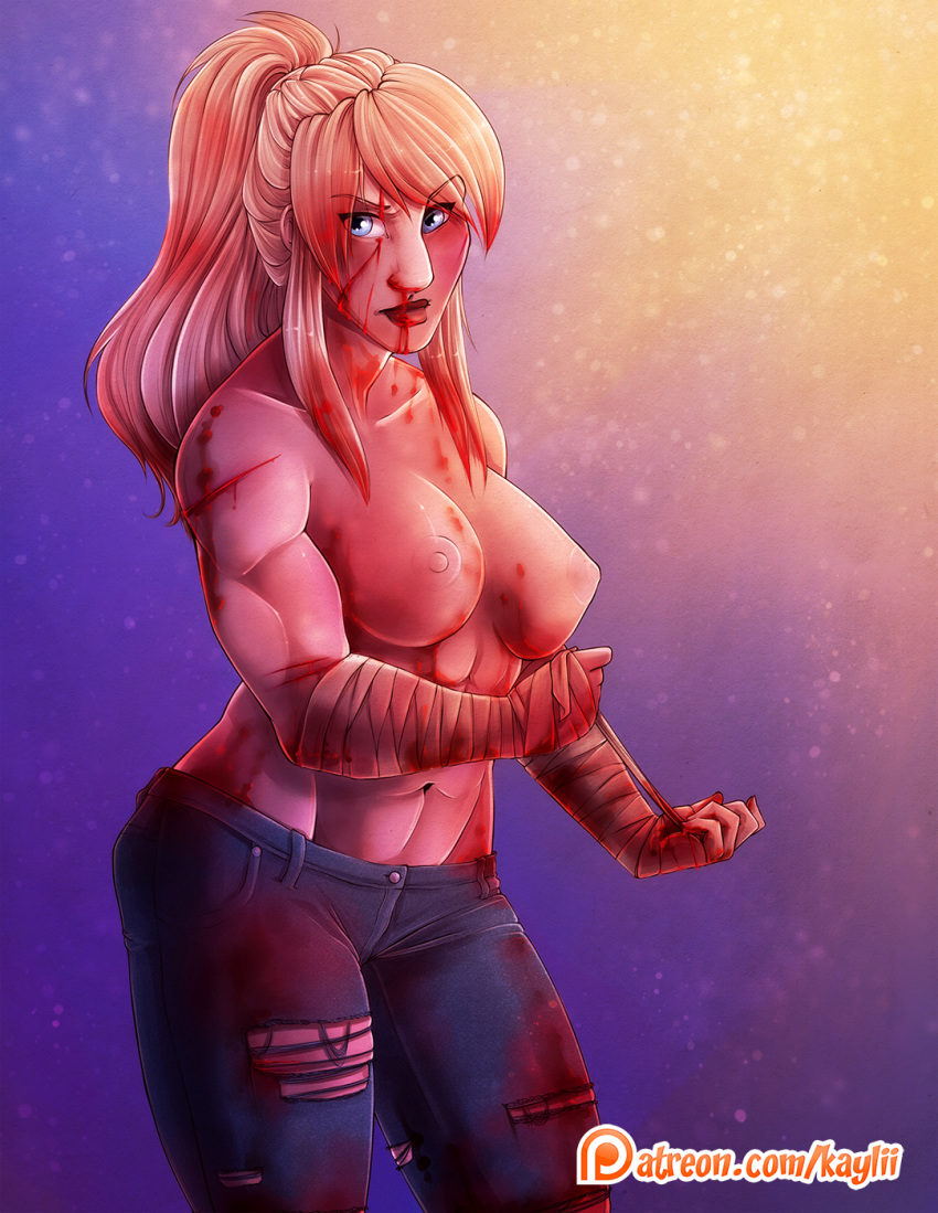 1girls abs areolae bandage bandaged_arm bandaged_hand bandages bleeding blonde blonde_hair blood blood_on_breasts blood_on_face blood_stain blue_eyes blue_hair bounty_hunter breasts curvy damage damaged defiant erect_nipples female female_only fit human human_only injured injuries jeans kaylii large_breasts looking_at_viewer metroid muscles muscular muscular_female navel night nintendo nipples nosebleed ponytail ryona samus_aran scar scarred scars solo stars toned topless torn_clothes wounded