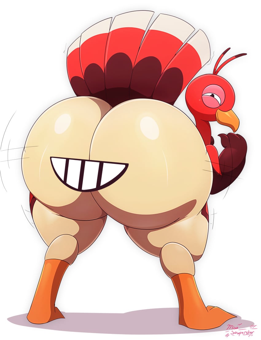 anus_mouth ass ass_mouth avian barefoot beak big_butt bird butt_mouth fat_ass feathers feral hi_res looking_at_viewer looking_back miitopia miso_souperstar nintendo nude presenting presenting_hindquarters smile solo squint standing teeth thick_thighs turkey twerkey video_games wings