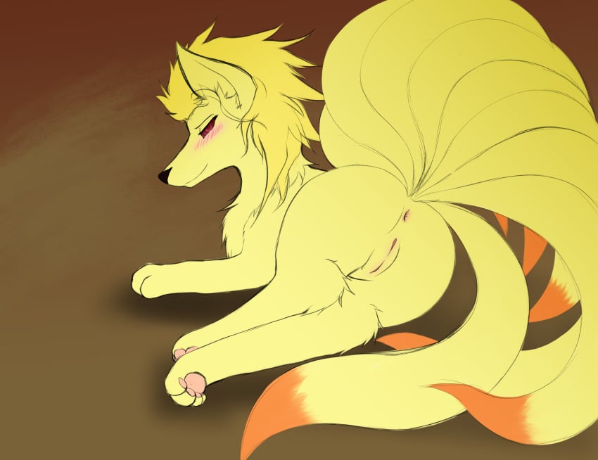 absurd_res ass blush canine digital_media_(artwork) female feral fur hair hi_res lonewolffl looking_at_viewer mammal multi_tail ninetales nintendo nude pokémon_(species) pokemon presenting pussy simple_background smile solo video_games