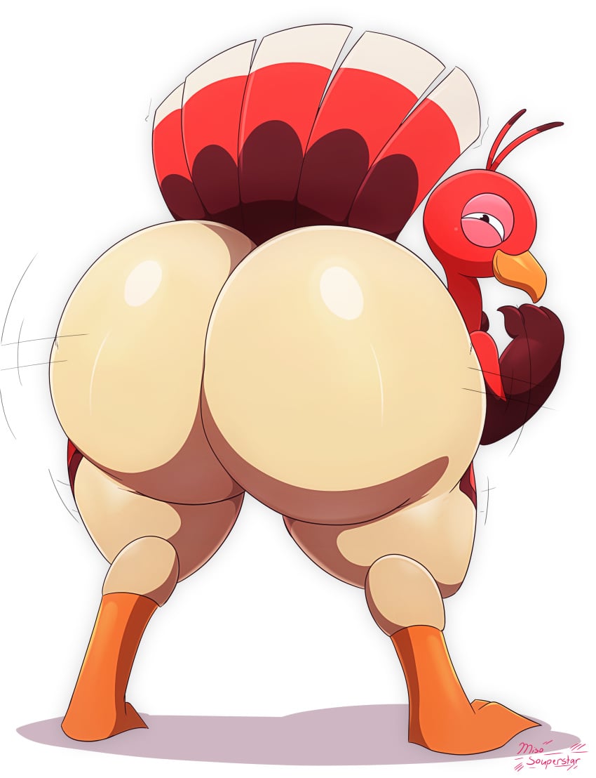 ass ass_bigger_than_head avian barefoot beak big_butt bird fat_ass feathers feral hi_res hyper_ass looking_at_viewer looking_back miitopia miso_souperstar nintendo nude presenting presenting_hindquarters smile solo squint standing thick_thighs turkey twerkey video_games wings