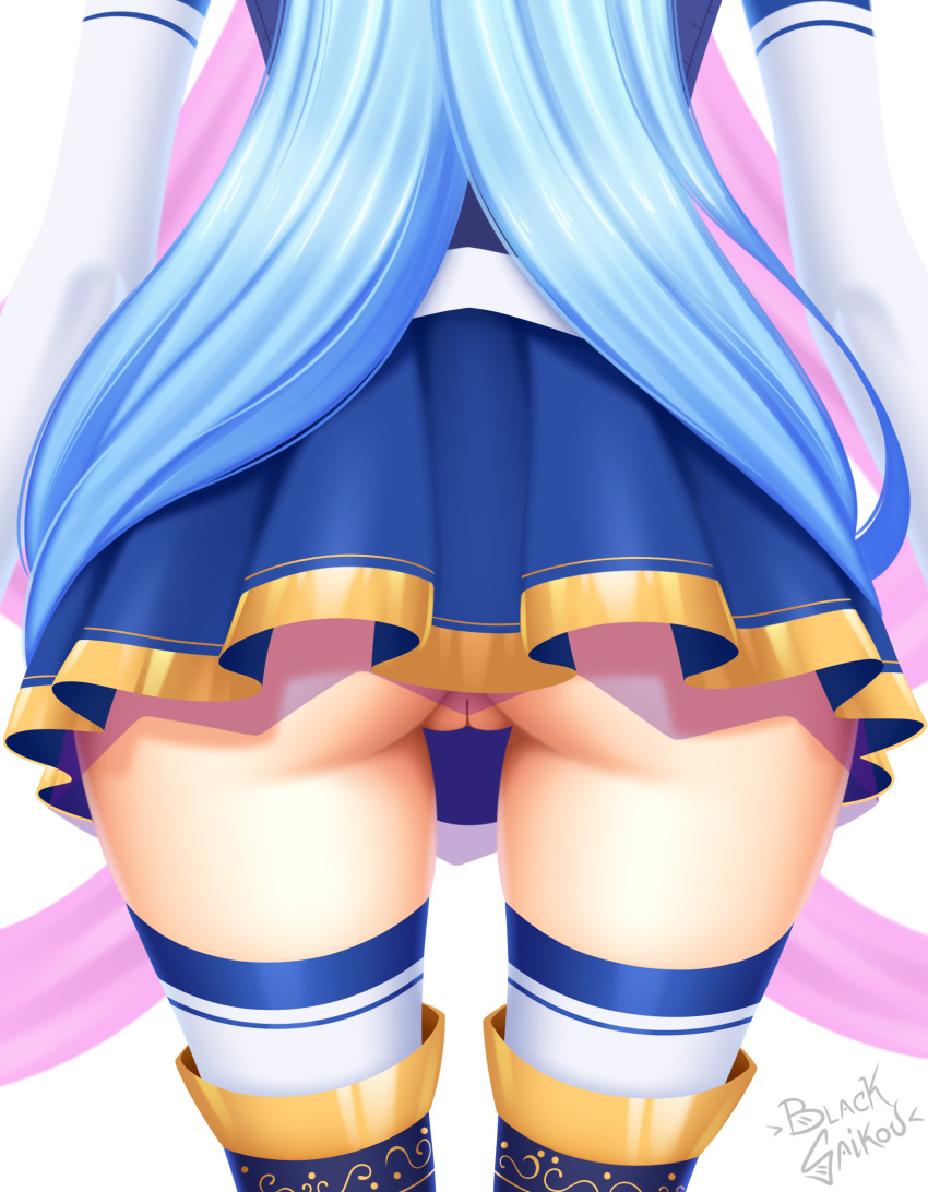 absurdres aqua_(konosuba) ass blacksaikou blue_hair boots bottomless female from_behind highres kono_subarashii_sekai_ni_shukufuku_wo! long_hair lower_body no_panties pov pussy skirt solo thigh_boots thighhighs uncensored very_long_hair