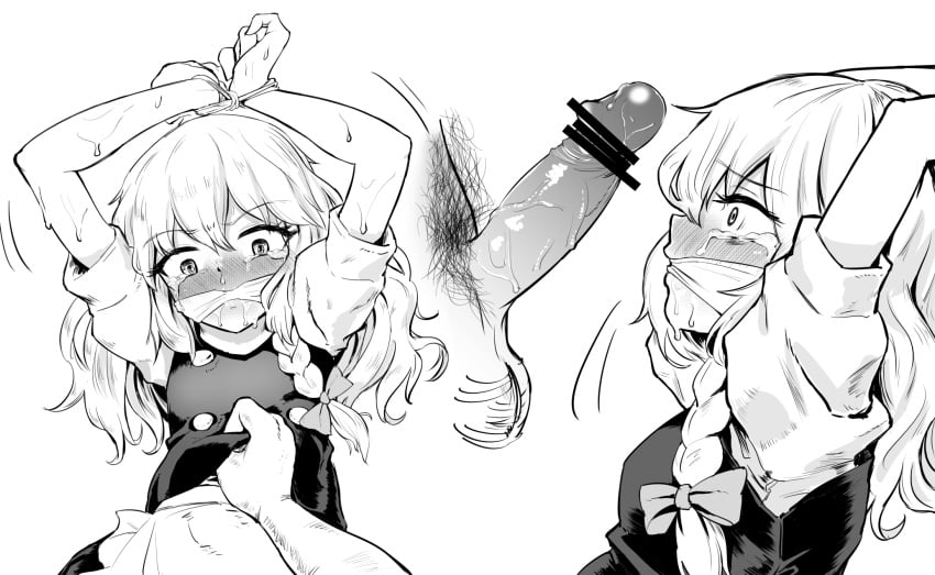 1boy blush bondage bound braid commentary_request female gagged greyscale gunnjou_yosio hair_ornament hair_ribbon highres imminent_rape marisa_kirisame monochrome penis ribbon saliva simple_background tears touhou white_background