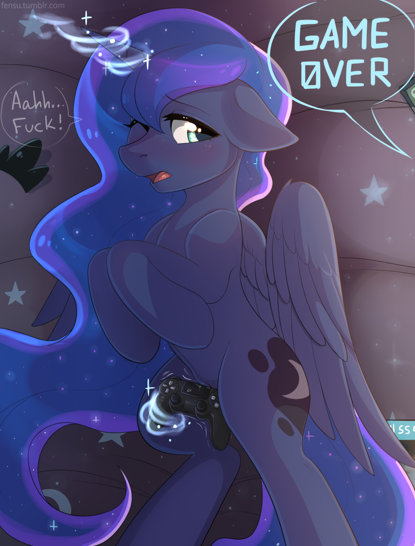 2017 absurdres alicorn blush controller cutie_mark dialogue english_text equine feathered_wings feathers female fensu-san feral friendship_is_magic game_controller highres horn long_hair mammal my_little_pony one_eye_closed open_mouth princess_luna_(mlp) pussy solo text wings