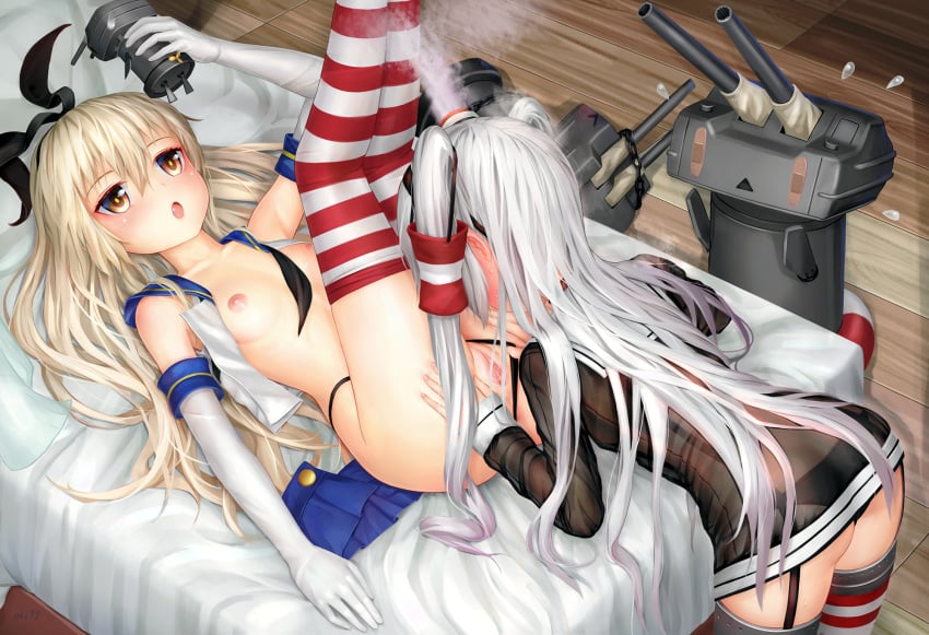 2010s 2girls aki99 amatsukaze_(kantai_collection) ass bandaid bed bed_sheet bent_over black_panties black_underwear blonde_hair blush breasts censored character_doll convenient_censoring dress elbow_gloves female female_only flying_sweatdrops full-face_blush fume garter_straps gloves grey_hair highres imminent_cunnilingus kantai_collection legs_up lingerie lying machinery multiple_girls nipples no_bra on_back on_bed open_clothes open_mouth open_shirt panties panties_aside panty_pull pussy red_legwear rensouhou-chan revision robot sailor_dress school_uniform see-through shimakaze_(kantai_collection) shirt short_dress silver_hair small_breasts smoke standing steam thighhighs thong transparent two_side_up underwear white_legwear white_shirt wooden_floor yellow_eyes yuri