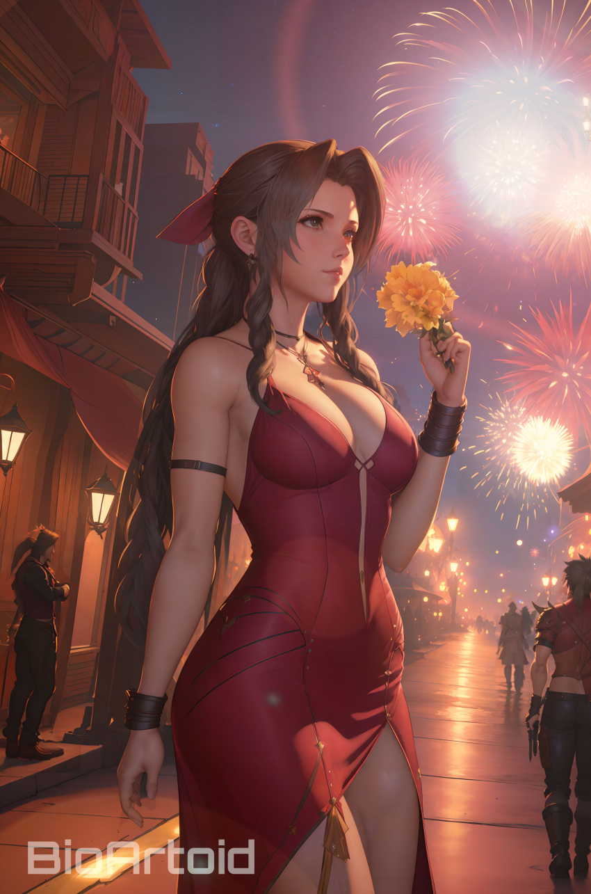 aerith_gainsborough ai_generated bioartoid brown_hair final_fantasy final_fantasy_vii final_fantasy_vii_remake green_eyes red_dress