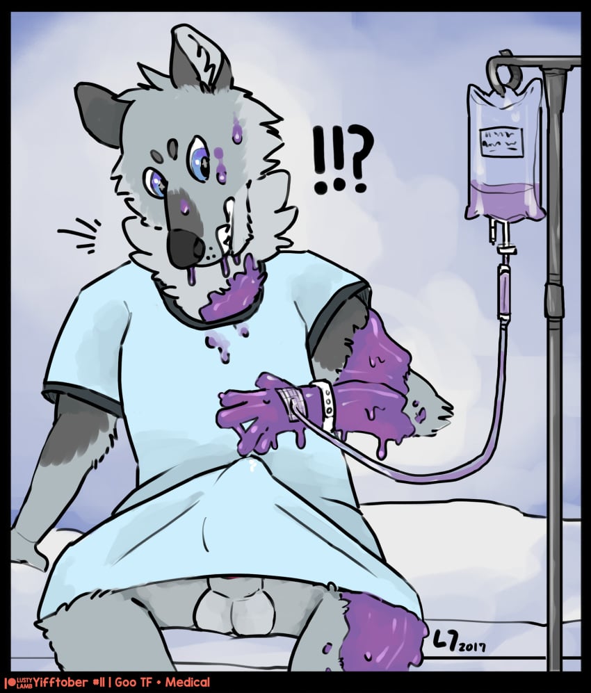 2017 balls canine goo goo_tf hospital_gown iv_bag lustylamb male mammal medical page_11 shocked slime slime_tf transformation wolf