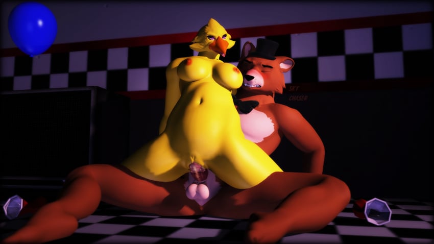 3d_(artwork) anthro avian balloon balls bear bird blush bodily_fluids bow_tie breasts chica_(fnaf) chicken clothing cum cum_inside digital_media_(artwork) duo female five_nights_at_freddy's freddy_(fnaf) galliform genital_fluids genitals hat headgear headwear hi_res inflatable male male/female mammal nipples nude penetration penis phasianid scottgames sitting_on_another sky_chaser source_filmmaker_(artwork) top_hat vaginal_penetration