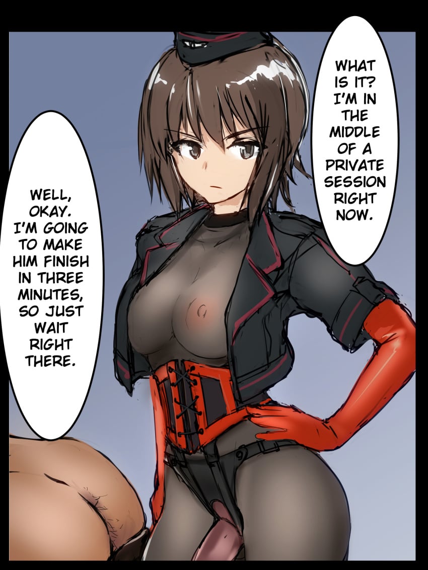 10s 1boy black_border black_hat black_jacket blue_background bodysuit bondage border bouto_(paranoia) breasts brown_eyes brown_hair clothed_female_nude_male corset dildo dominatrix elbow_gloves english english_text female femdom femdom_caption garrison_cap girls_und_panzer gloves hair_between_eyes hard_translated hat highres imminent_pegging jacket male malesub medium_breasts military military_uniform nipples nishizumi_maho pegging pokies red_gloves see-through sex_toy simple_background speech_bubble straight strap-on strap-on_over_clothes text translated uniform