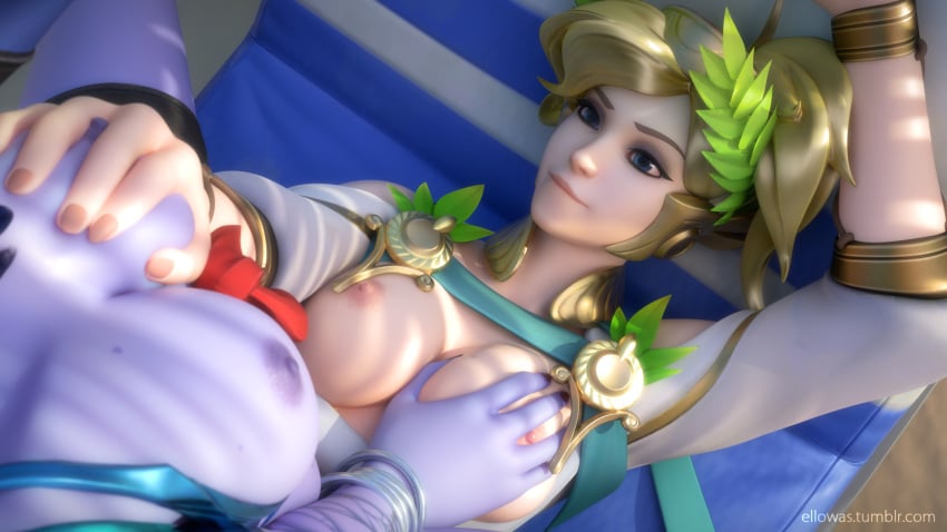 2girls 3d alternate_costume areolae blender breast_grab breasts cote_d'azur_widowmaker ellowas female female_only mercy nipples overwatch widowmaker winged_victory_mercy yuri