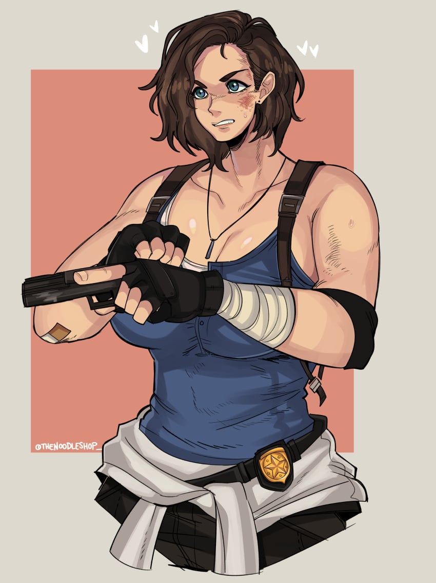 athletic athletic_female biceps big_breasts blood blue_eyes breasts brown_hair brunette_female brunette_hair cleavage clothed clothes clothing cop curvaceous curvaceous_body curvaceous_female curvaceous_figure curvaceous_hips curvy curvy_body curvy_female curvy_figure curvy_hips dirty female female_focus female_only gloves gun hips injured jill_valentine no_sleeves police police_uniform policewoman resident_evil short_hair sleeveless sleeveless_shirt thenoodleshop thick_hips wide_hips