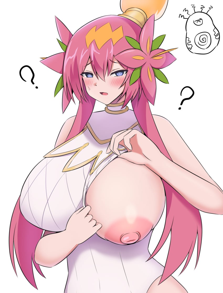 :o ? @_@ areolae duel_masters exhibitionism flashing_breasts huge_breasts huge_nipples one_breast_out presenting_breasts rafululu_love,_acoustic_dragon_elemental sennou_senno upper_body