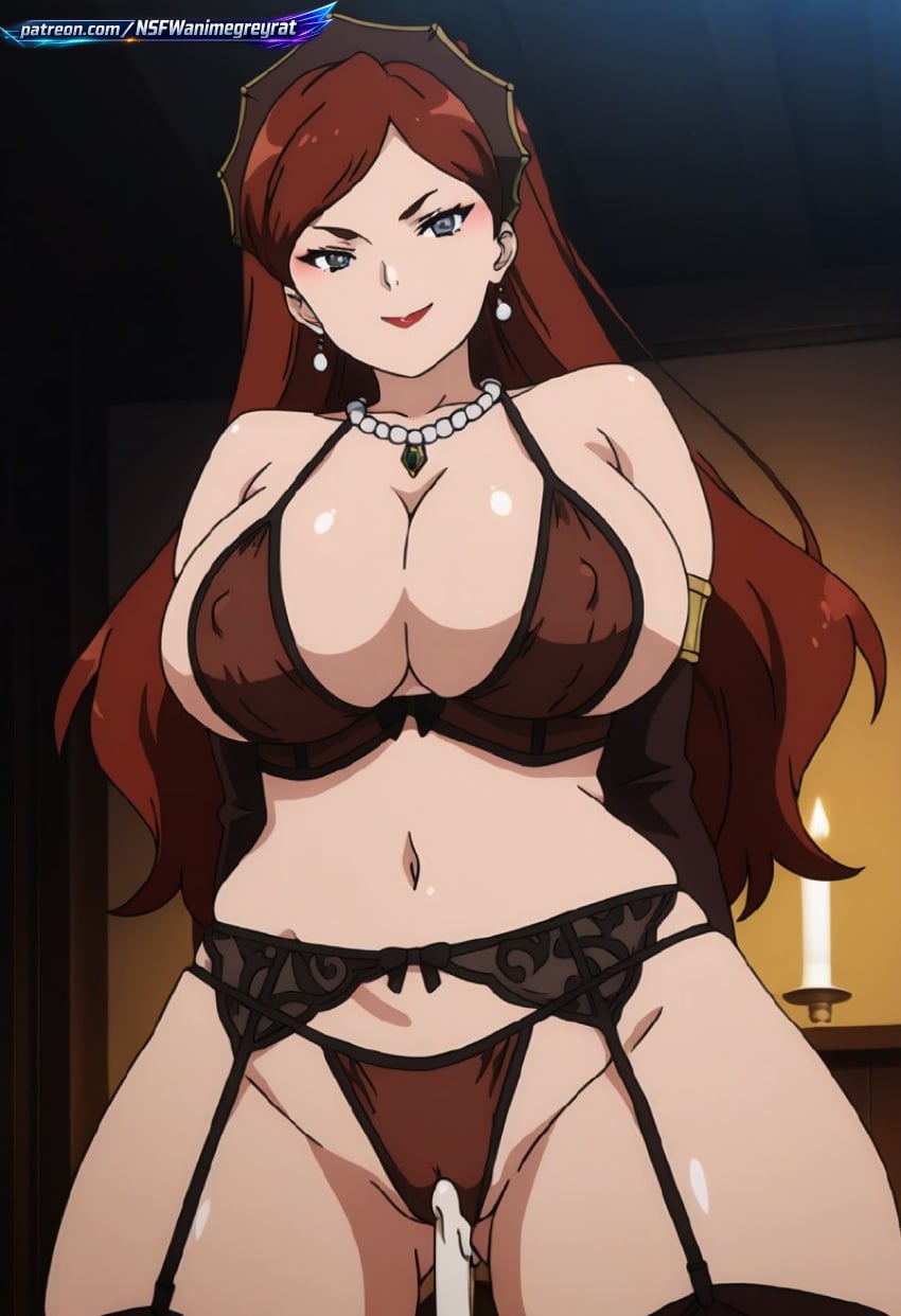 adult_woman ai_generated ambient_light animated anime anime_illustration areola background_blur bangs bedroom black_lingerie blush bodysuit bows candle candlelight clean_lineart cleavage close_perspective crisp_lines curvy cutout depth_of_field detailed_background digital_art dutch_angle dynamic_pose earrings female full_body garter_belt garter_straps gemstone_pendant glossy_skin grey_eyes hair_ornament half_lidded_eyes headdress headpiece hentai highleg_panties highlights highres hilda_boreas_greyrat indoors interior jobless_reincarnation kneeling lace lace_panties lace_stockings lace_trim large_breasts legs_apart lingerie lingerie_set long_hair looking_at_viewer low_angle manga massive_breasts midriff mushoku_tensei navel necklace nipples panties pearl_earrings pearl_necklace polished_rendering red_hair ribbon_bow screencap screenshot seductive_expression see-through_lingerie sharp_focus sheer_lingerie shiny_skin side_part sitting smile smirk smooth_shading soft_highlights soft_lighting solo stocking_band stomach straight_hair straps teddy thick_thighs thighhigh_stockings thighhighs tilted_view underbust upper_body visible_nipples voluptuous wall_lamp warm_lighting wide_hips