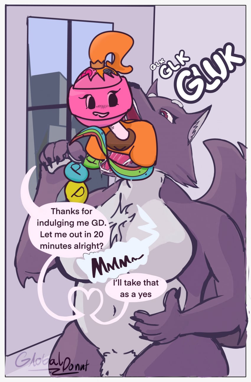 animate_inanimate anthro candy canid canine canis dessert dialogue duo english_text female food food_creature gd_(globaldonut34) globaldonut34 gynomorph hi_res intersex living_candy mammal oral_vore safe_vore swallowing text vore willing_pred willing_prey wolf