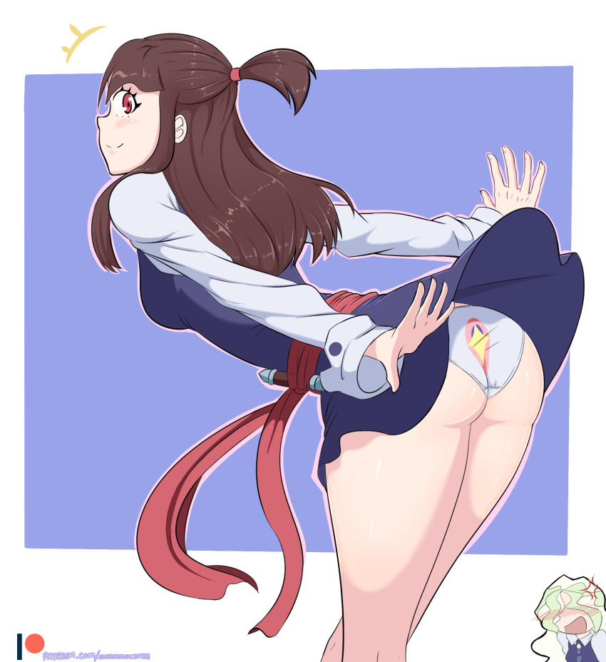 2girls akko_kagari ass bending_forward bending_over bent_over blush blushing brown_hair butt diakko diana_cavendish fanart female female_only female_protagonist little_witch_academia long_hair looking_at_viewer looking_back luna_nova_school_uniform multicolored_hair multiple_girls open_mouth panties patreon_logo ponytail red_eyes shiny_skin simple_background skirt smile smiling smiling_at_viewer solo_focus upskirt zeromomentai