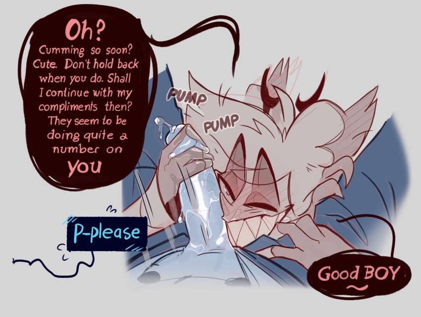2boys alastor_(hazbin_hotel) animal_ears antlers big_penis blush blush_lines blushing craxkers cum english english_text gay grabbing_thighs hazbin_hotel jerking jerkingoff jerkingoff_another one_eye_closed penis praise praise_kink precum saliva saliva_on_penis sharp_teeth simple_background smile smiling speech_bubble vox_(hazbin_hotel) yaoi