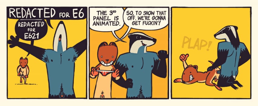 advertisement alternate_color anal animated anthro anus armpit_hair badger balls body_hair breasts brown_body brown_fur closed_eyes clothing colored comic countershade_torso countershading cricetid dialogue doggy_style duo european_badger from_behind_position fur furless_tail genitals grey_body grey_fur hairless_feet hairless_hands hairless_tail humanoid lying male male/male mammal meles muscular mustelid musteline nipples on_front onomatopoeia open_mouth pecs penis pink_body pubes redacted_text restricted_palette rodent sex short_tail simple_background slim smile smiling_at_viewer sound_effects stretched_clothing tail tan_body tan_fur text underwear undressing vickydanne vole yellow_background