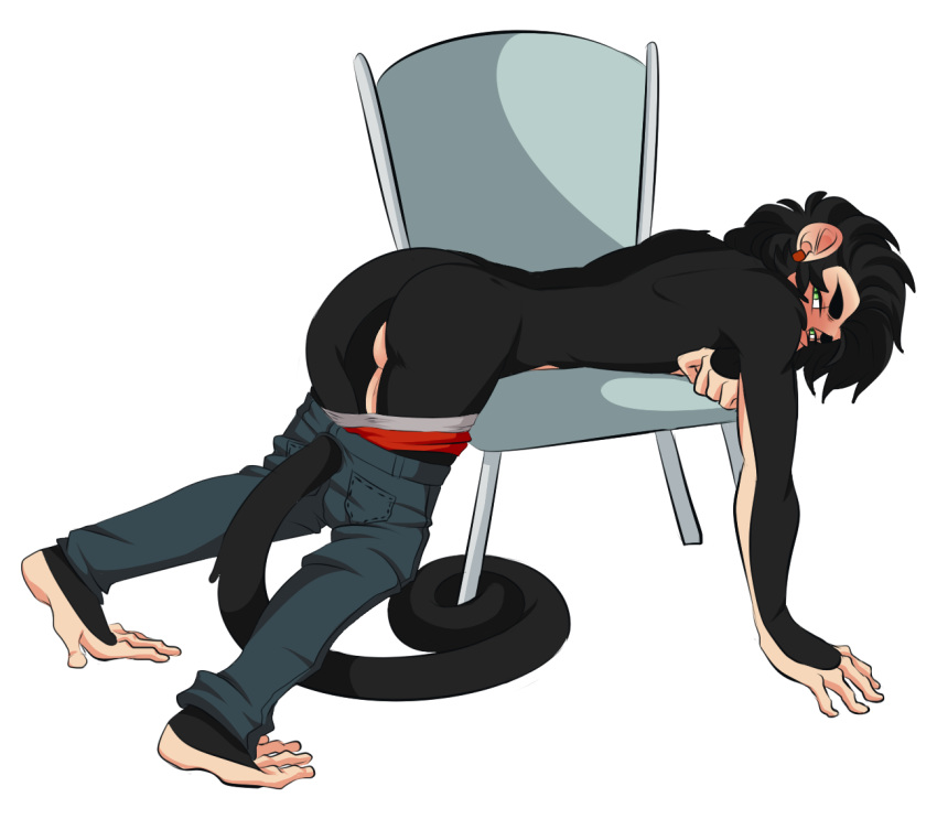 anthro ass backsack balls black_hair blush boxer_briefs bran chair clothed clothing fur furgonomics hair haplorhine looking_at_viewer looking_back lying male male_only mammal mitarashi monkey monkey_boy monkey_feet on_front panties panties_down pants pants_down partially_clothed penis prehensile_feet presenting primate simple_background solo spider_monkey tail_clothing topless underwear underwear_aside underwear_down white_background