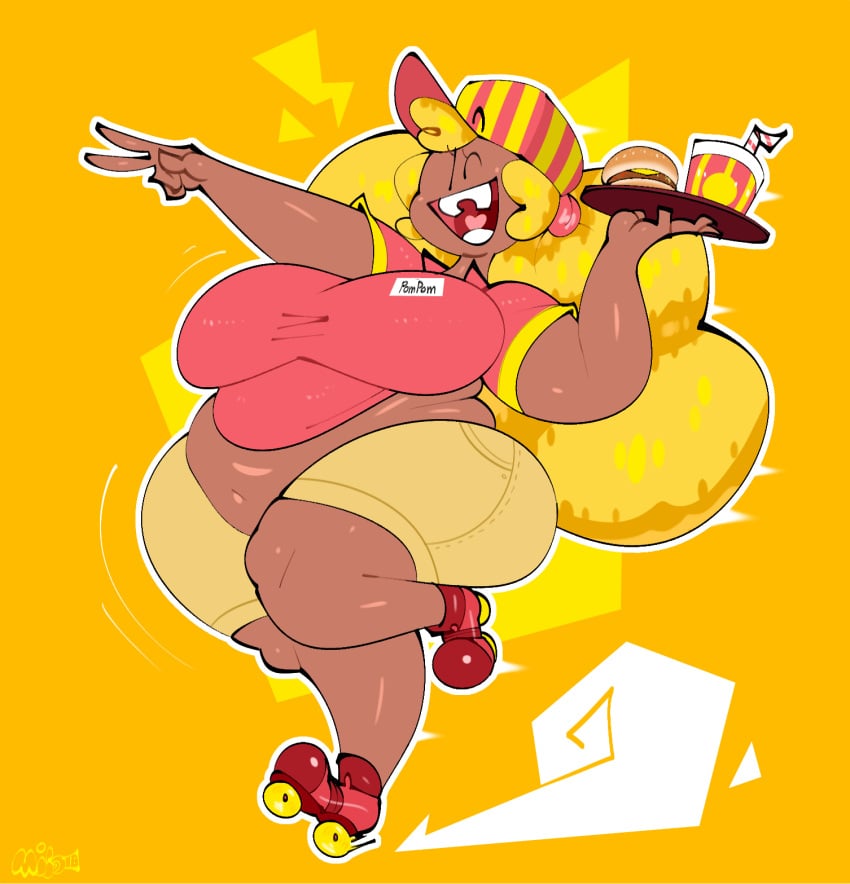 1girls african_female ass belly blonde_hair breasts burger dark-skinned_female dark_skin drink fast_food fast_food_uniform fat female female_focus female_only food hat hips large_ass large_breasts mintrimo open_mouth overweight overweight_female roller_skates rollerblades stomach thick_thighs thighs wardrobe_malfunction weight_gain wide_hips wink winking winking_at_viewer