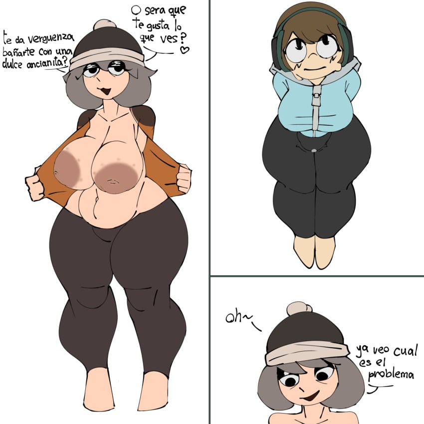2girls areolae barefoot big_breasts breasts brown_nipples comic_page cryo_ranger_(tdx) dialogue feet female_only futanari gilf grey_hair hoequinox ice_breaker_(tdx) jacket naked_female nipples older_female open_jacket pants roblox roblox_game robloxian short_hair spanking tagme text thick_thighs thighs tower_defense_x younger_female