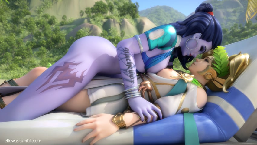 2girls 3d alternate_costume areolae blender breasts cote_d'azur_widowmaker earrings ellowas female female_only hoop_earrings mercy nipples overwatch widowmaker winged_victory_mercy yuri