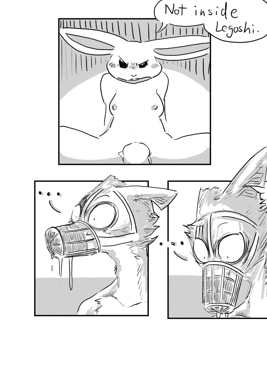 absurd_res angry anthro beastars bodily_fluids breasts buckteeth canid canine canis comic cum cum_on_penis dragonweirdo drooling duo female genital_fluids genitals haru_(beastars) hi_res imminent_sex lagomorph legoshi_(beastars) leporid lying male mammal muzzle_(object) muzzled nipples notched_ear on_back penis rabbit saliva scar teeth wolf