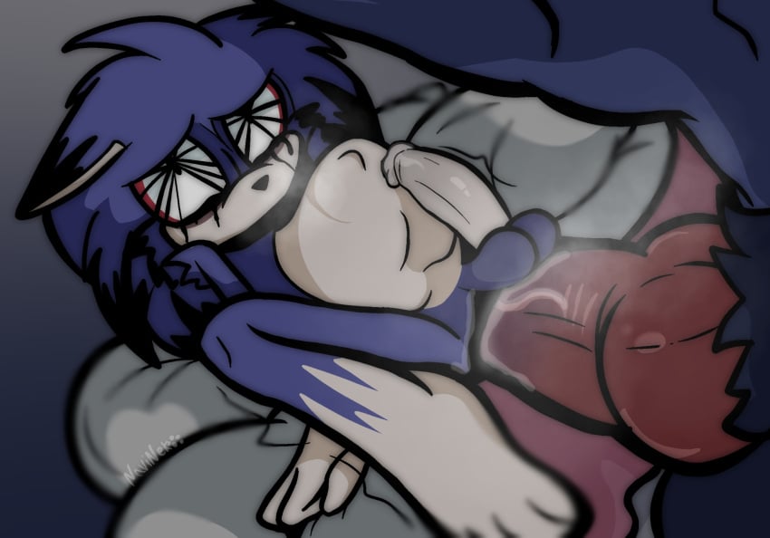 2boys ass_gape black_stripes blanket blue_fur bulging_belly exe_(revie) faker_(revie) gaping_anus gaping_ass gay_sex huge_balls huge_cock knot knotted_penis kolossos male_only male_penetrating me musk naviclenek0 outcome_memories pillow pillow_grab pleasured quills size_difference size_play sonic.exe_(series) stomach_bulge tag tearing_up tears towering_over two_tone_body