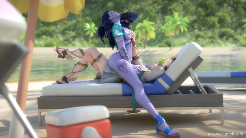 2girls 3d alternate_costume areolae blender breast_grab breasts cote_d'azur_widowmaker earrings ellowas female female_only hoop_earrings mercy nipples overwatch widowmaker winged_victory_mercy yuri