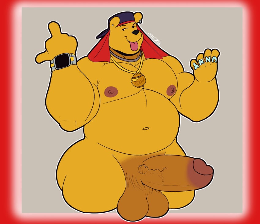 2023 anthro ass backwards_baseball_cap backwards_hat balls baseball_cap bear big_balls big_butt big_muscles big_pecs big_penis brass_knuckles clock clothing disney ear_piercing eyebrows genitals gesture hand_gesture hat headgear headwear hi_res jewelry looking_at_viewer male male_only mammal melee_weapon middle_finger musclegut muscular necklace pecs penis piercing pooh_bear raised_eyebrow solo thick_thighs thug_pooh_bear_(yifforroarts) tongue tongue_out watch weapon winnie_the_pooh_(franchise) wristwatch zackdadawg