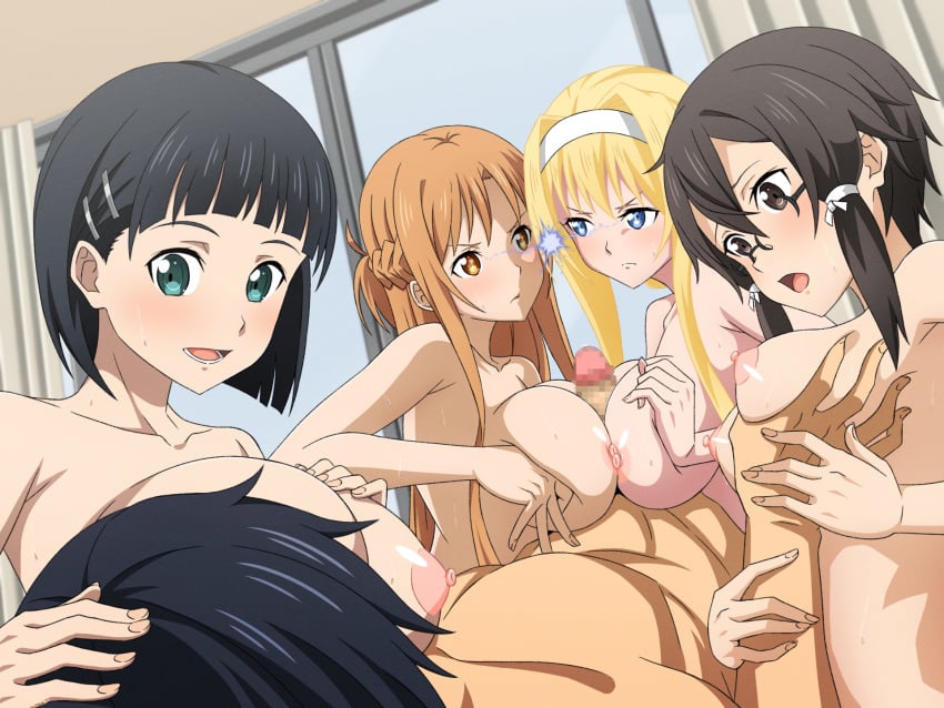 1boy 4girls alice_zuberg anime_coloring aqua_eyes asuna_(sao) black_eyes black_hair blonde_hair blue_eyes braid breasts breasts_squeezed_together brown_eyes brown_hair censored commentary cooperative_paizuri glaring glasses grabbing_another's_breast groping hairband half_up_braid harem highres indoors kirigaya_suguha kirito large_breasts lightning_glare long_hair medium_breasts mosaic_censoring multiple_girls mysteryctu nipples nude open_mouth paizuri penis short_hair sinon smile straight sword_art_online teamwork_(sexual) white_hairband