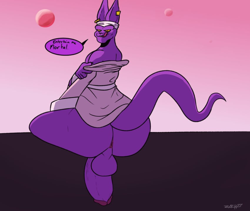 2022 anthro anus ass backsack balls bathrobe bedroom_eyes beerus big_balls big_butt big_penis claws clothing domestic_cat dragon_ball dragon_ball_super ear_piercing felid feline felis genitals hairless hairless_cat inviting_to_sex inviting_viewer licking licking_lips looking_at_viewer male mammal narrowed_eyes penis piercing robe seductive sitting solo speech_bubble sphynx_(cat) talking_to_viewer thick_thighs tongue tongue_out towel undressing zackdadawg