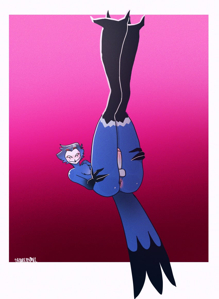 0rionbutsus absurd_res anthro anus ass avian bird black_claws blue_body blue_feathers claws demon feathers genitals goetia hellaverse helluva_boss hi_res legs_up male male/male penis presenting presenting_anus presenting_balls presenting_penis red_eyes royalty skinny stolas_(goetia) stolas_(helluva_boss)