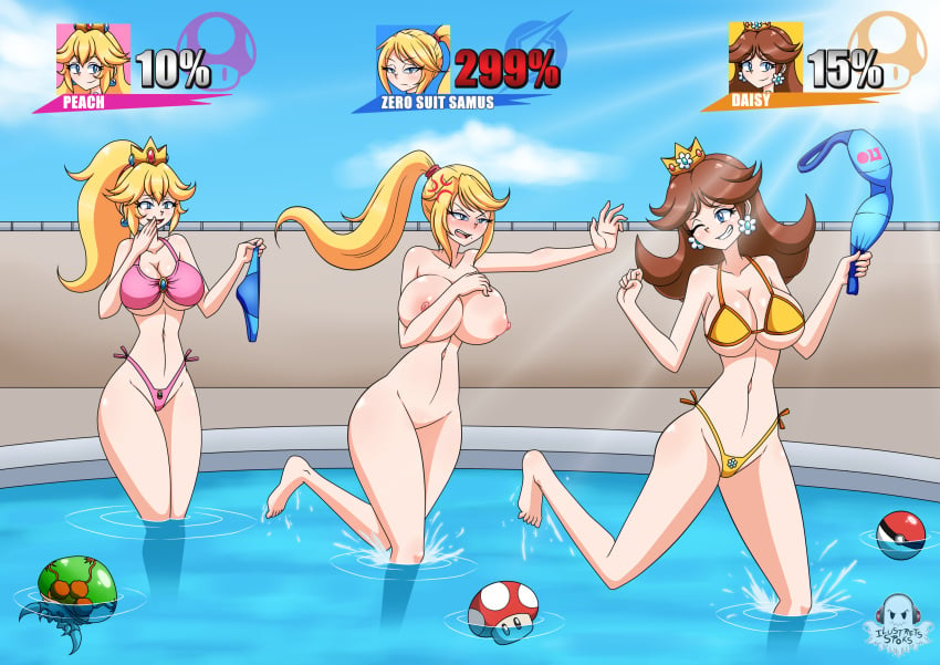 3girls anger_vein areolae baby_(metroid) bikini blonde_hair blue_bikini blue_eyes blush bra breasts brown_hair cleavage clothes_thief crossover crown earrings female female_only huge_breasts ilustretsspoks large_breasts mario_(series) metroid metroid_(creature) mole mole_under_mouth multiple_girls mushroom navel nintendo nipples nude open_mouth outdoors panties partially_submerged pink_bikini poke_ball ponytail pool princess_daisy princess_peach samus_aran standing super_mario_bros. super_smash_bros. swimsuit teeth thick_thighs thong water wet wide_hips yellow_bikini