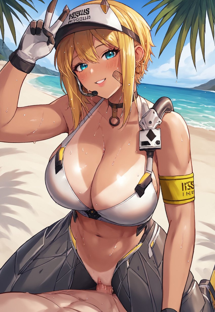 ai_generated armband beach big_breasts blue_eyes cowgirl_position cowgirl_position goddess_of_victory:_nikke looking_at_viewer maxwell_(nikke) orange_hair peace_sign sex smile tan tanline