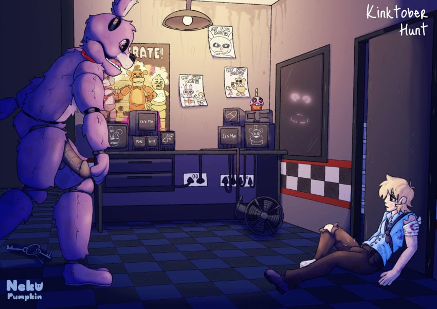 2boys absurd_res animatronic anthro bandage bandaged_arm blood blood_on_clothing bodily_fluids bonnie_(fnaf) bulge clothing computer cowering creeping duo electronics five_nights_at_freddy's gay genitals hi_res human imminent_sex lagomorph leporid looking_at_another lying machine male male/male mammal metallic_penis monitor nekopumpkin office penis rabbit robot scaroused scottgames size_difference standing torn_clothing uniform