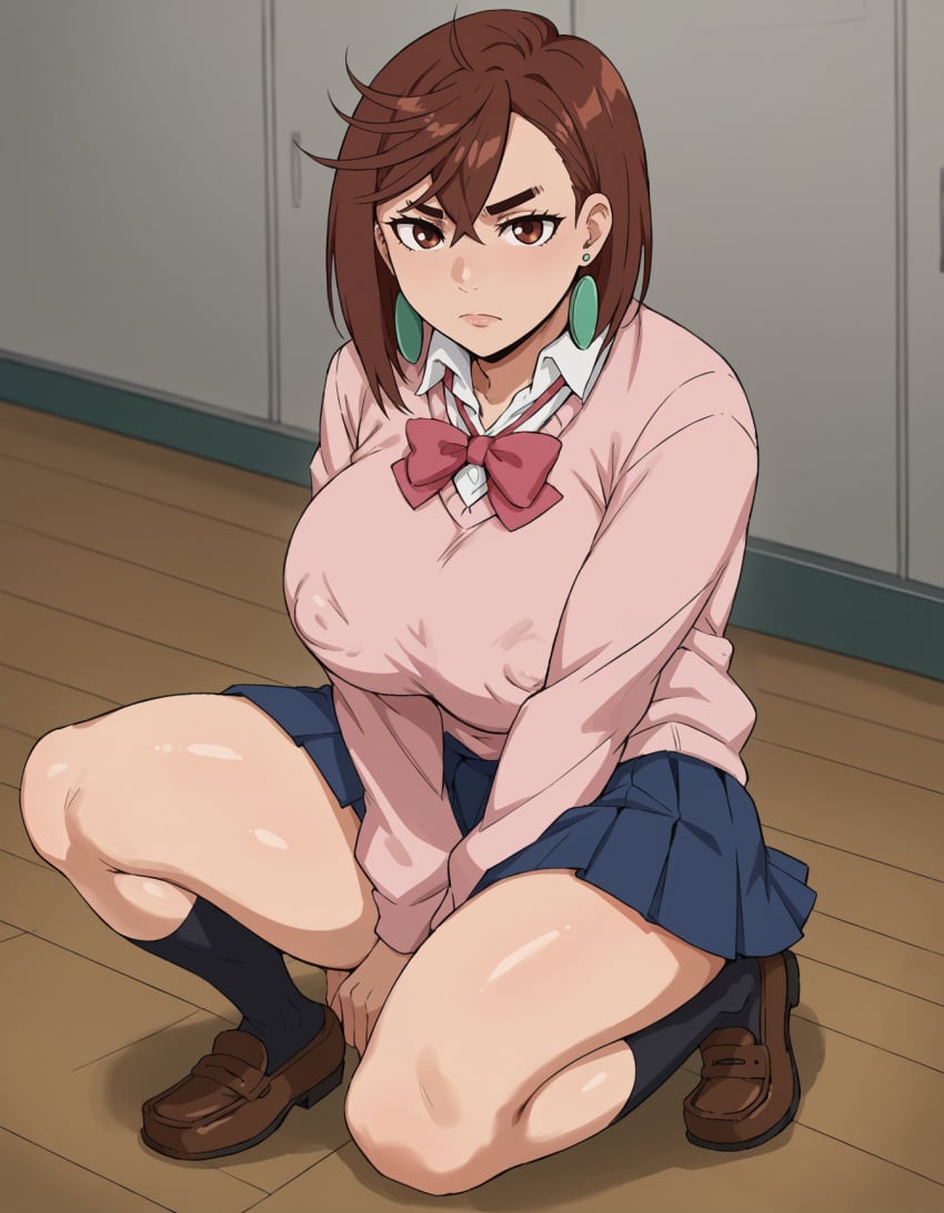 ai_generated arms_between_legs ayase_momo bangs breasts brown_eyes brown_hair covered_nipples dandadan earrings female goonedoutp3rv huge_breasts kunaboto_(style) loafers looking_at_viewer pleated_skirt school_uniform shirt shoes short_hair skirt socks solo squatting sweater thick_eyebrows thick_thighs thighs white_shirt