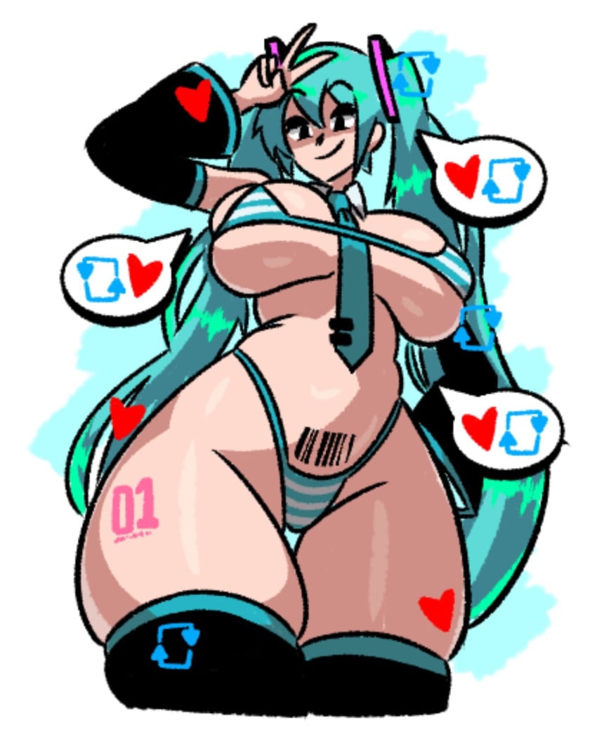 2024 barcode barcode_tattoo big_breasts bikini black_eyes blue_background blue_bikini blue_hair breasts collared_bikini damonfive0 female female_focus female_only hatsune_miku hatsune_miku_(collared_bikini) heart_icon long_hair peace_sign retweet_icon striped_bikini swimsuit thick_thighs thighhighs thighs tied_hair vocaloid white_background wide_hips