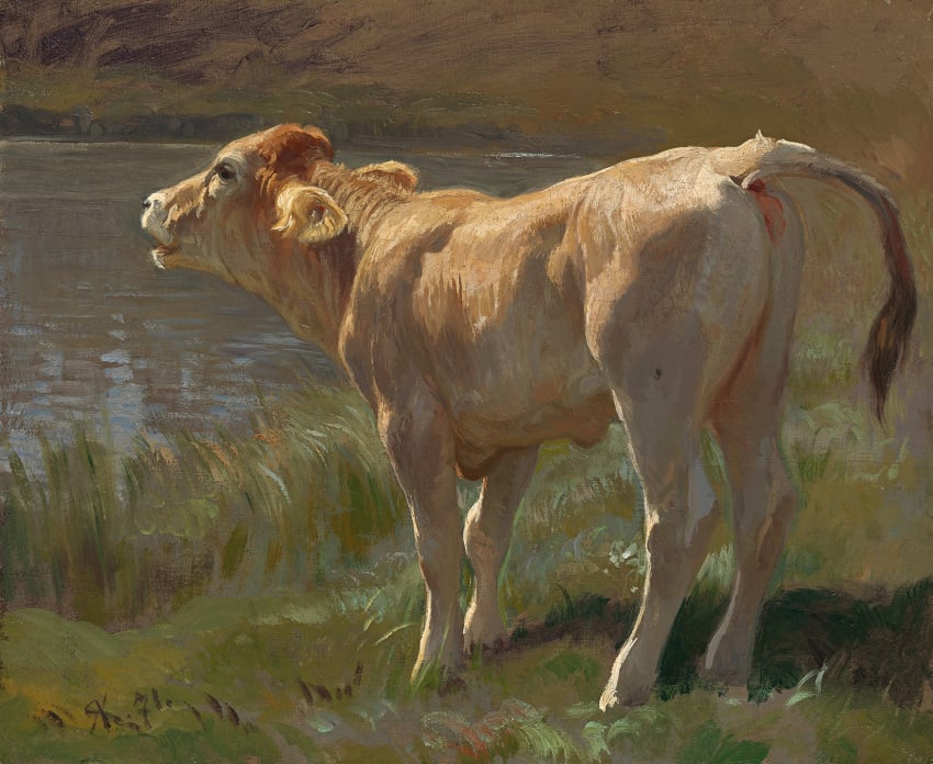 1871 19th_century ancient_art anus bovid bovine cattle detailed_background feral hi_res male mammal open_mouth outside painting_(artwork) raised_tail realistic_feral rudolph_koller solo standing tail traditional_media_(artwork)