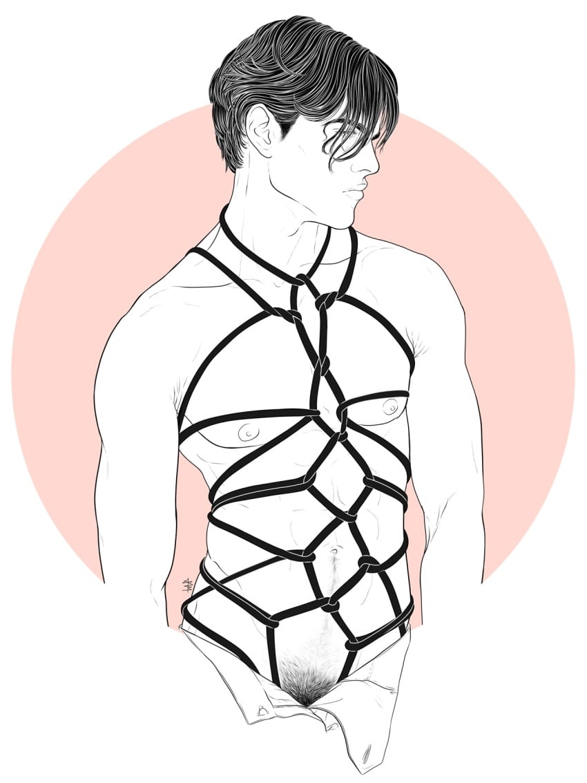 1boy 2020 artist_signature black_hair bondage male male_focus male_only nen-si nipples original original_character pants_undone pinup pubic_hair rope_bondage shibari_harness solo solo_focus solo_male topless