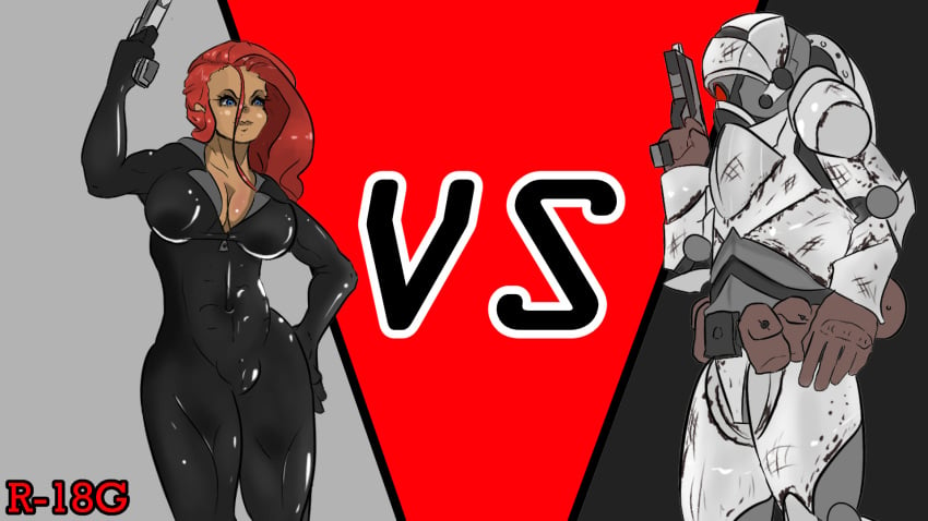 2d 2d_(artwork) black_bodysuit bodysuit chalk_(artist) pistol red_hair skinsuit soldier spy