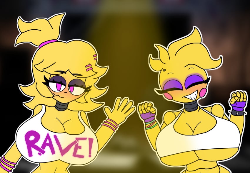 2girls bib big_breasts blushed bracelet breasts_bigger_than_head chiku chiku_(cryptia) female female_only five_nights_at_freddy&#039;s hyper_breasts looking_at_viewer medium_hair partially_clothed purple_eyes purple_gloves short_hair smiling text_on_clothing toy_chica_(eroticphobia) toy_chica_(fnaf) verdoshonsfw waving yellow_hair yellow_skin