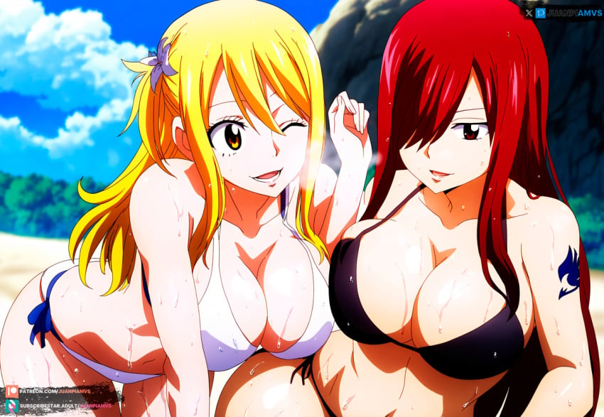 2girls ai_generated beach big_breasts bikini black_bikini blonde_hair brown_eyes clouds curvy curvy_figure erza_scarlet fairy_tail juanpiamvs long_hair lucy_heartfilia one_eye_closed open_mouth patreon patreon_username ponytail pressing_breasts_together red_hair rocks seaside sky smiling subscribestar subscribestar_username sweatdrop watermark wet white_bikini