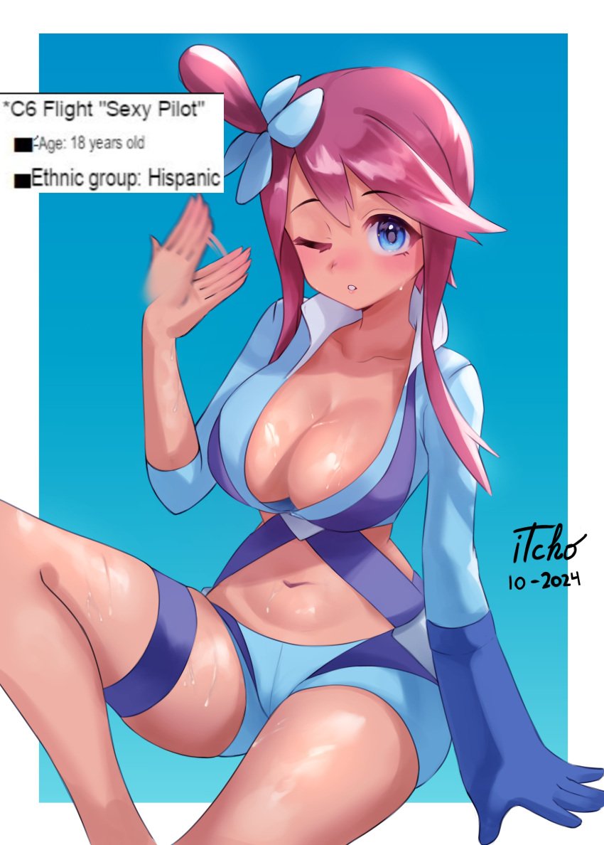 1girls 2024_pokemon_teraleak absurdres blue_eyes blue_gloves blue_shirt blue_shorts breasts cleavage creatures_(company) cropped_shirt english_text female game_freak gloves hand_fan highres itcho large_breasts latina long_hair looking_at_viewer navel nintendo one_eye_closed pokemon pokemon_bw red_hair shirt shorts sidelocks sitting skyla_(pokemon) sweat text