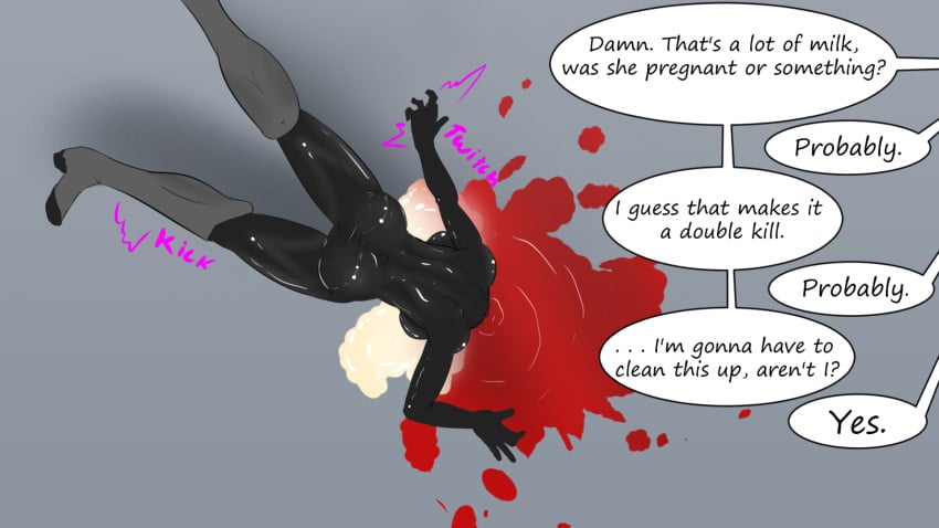 2d 2d_(artwork) black_bodysuit bodysuit breast_milk chalk_(artist) dead death decapitation female_death gore guro lactation milk pistol red_hair skinsuit spy twitching