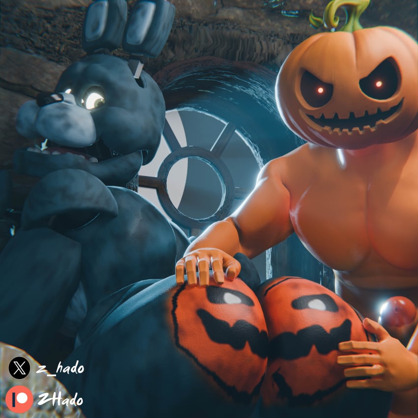 absurd_res anthro ass duo erection food fruit genitals halloween hi_res holidays male male/male nude open_mouth penis plant pumpkin pumpkin_butt sex z_hado